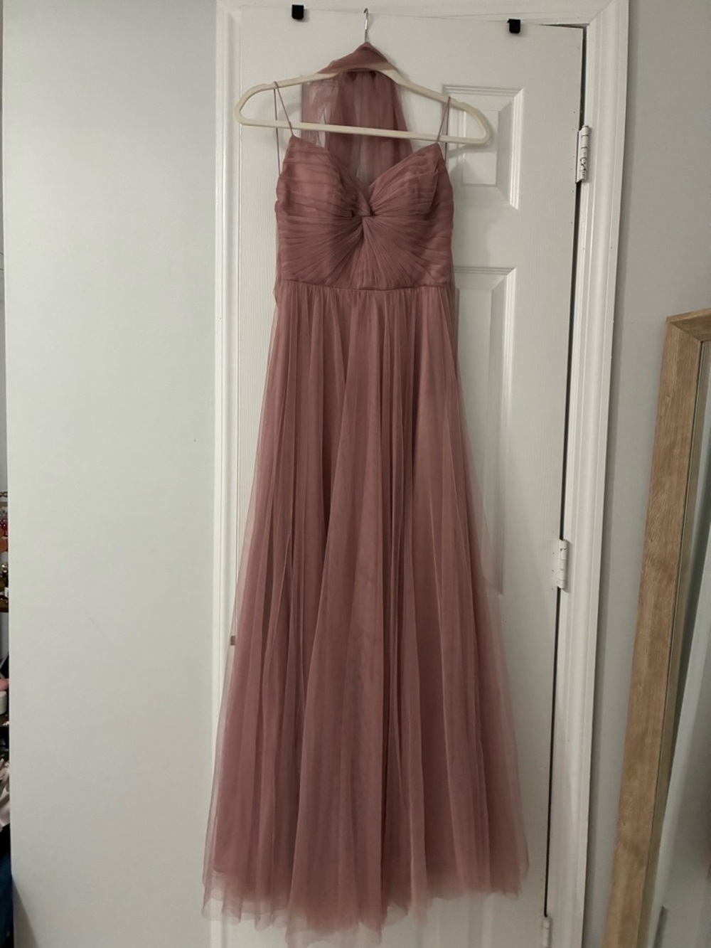 Mauve Tulle Strapless Gown with Halter Tie